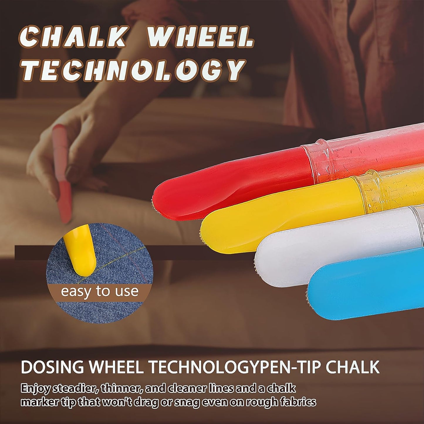 Fabric Chalk Markers for Sewing,Quilting,Crafting|Erasable Tailor’s Chalk|Work on Various Fabrics|Dosing Wheel Drawing Intricate Patterns Precise Lines-Per Pack(Red,Blue,White and 1 Ruler)