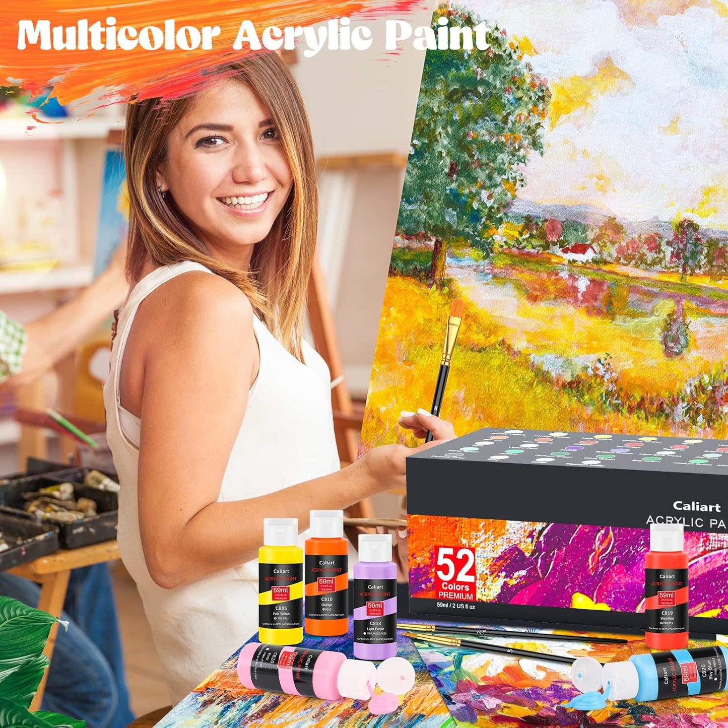 Caliart Acrylic Paint Set, 52 Colors (2oz/Bottle) with 4 Brushes, Art Craft Paints for Adults Artists Beginners Painters, Canvas Halloween Pumpkin Ceramic Wood Fabric Rock Painting Supplies Kit