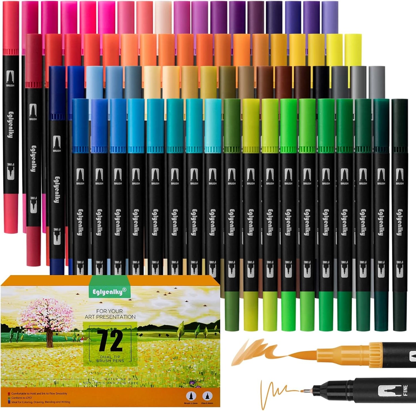 72 Dual Tip Brush Pens, Adult Coloring Markers with Fine and Brush Tip for Kid Adult Artist Drawing Journaling Lettering Calligraphy