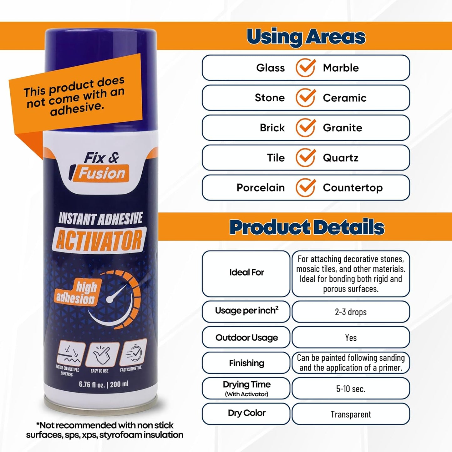 FIX & FUSION Activator Spray (6.76 Fl Oz), Instant Cure Accelerator for Cyanoacrylate (CA) Super Glue for Wood, Plastic, Rubber, Granite, and DIY & Professional, Accelerates Bonding Strength, (2 Pack)