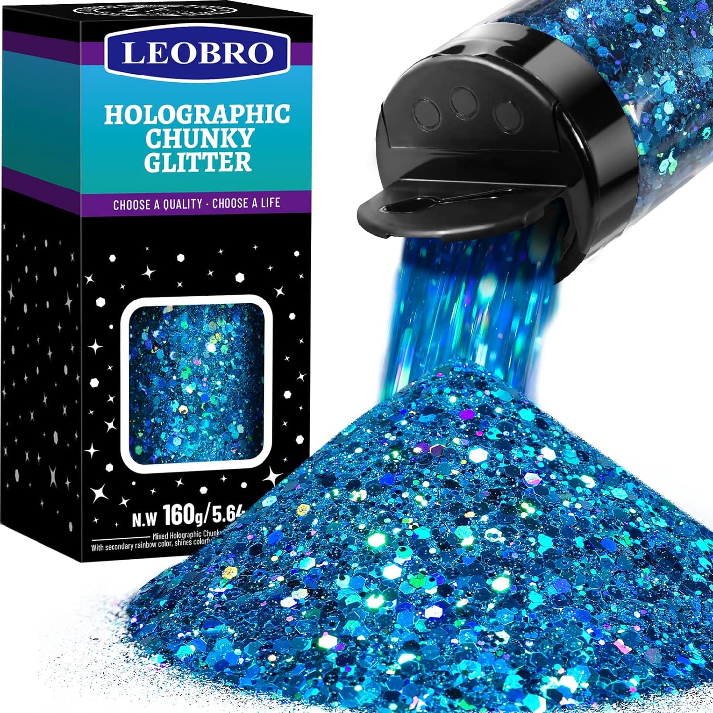 LEOBRO Blue Glitter, 160G/5.64OZ Holographic Chunky Glitter for Crafts, Resin, Body Nail, DIY Decorations, Light Blue
