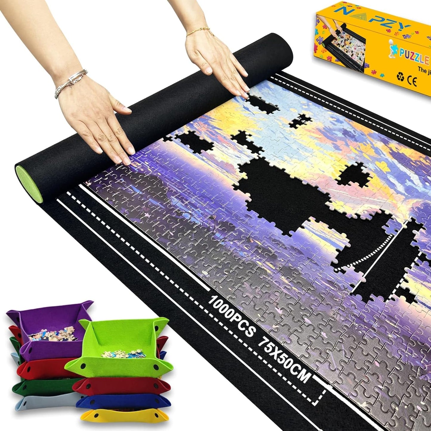 Napzy Puzzle Mat, Jigsaw Matt Rollup 8PCS Sorting Trays Up to 1500pcs Puzzles Matt Rollup 45.6 x 26.3 in Jigsaw Keeper and Saver Jigsawes Pad Has Storage Bag for Puzzle Lovers, Felt Matted Black