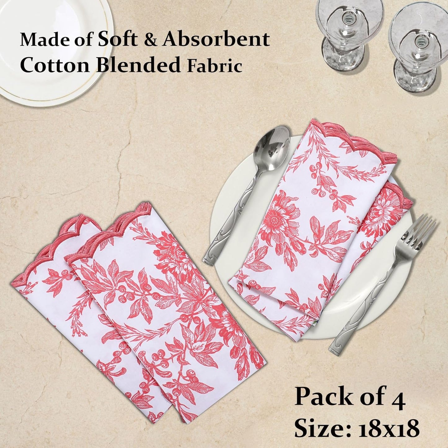 Ridhi Peach Coral Hand Block Print Napkins 18" x 18" Set of 4 Reusable Cotton Dinner Napkins for Weddings, Parties & Everyday Dining, Thanksgiving, Christmas, Fall