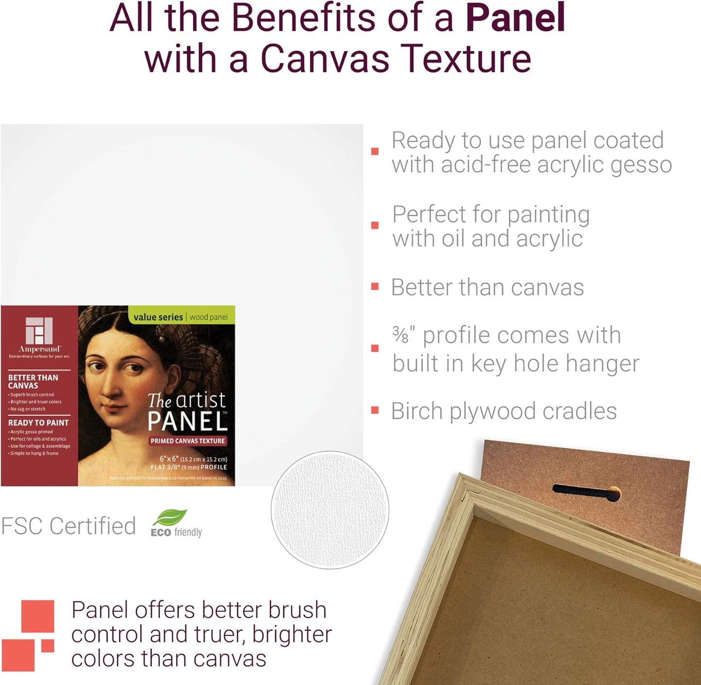 Ampersand Art Supply Wood Gesso Art Painting Panel: Canvas Texture, 3/8 Inch Depth, 6" x 12"