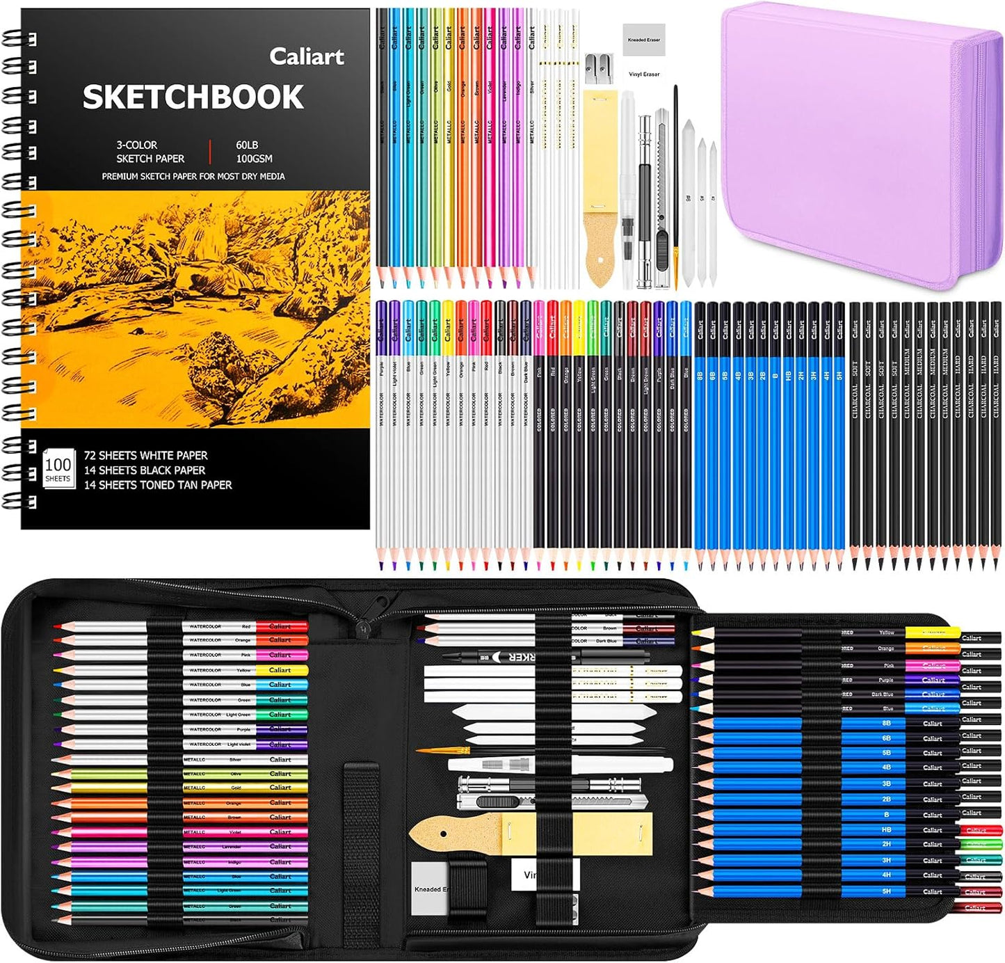 Caliart 176PCS Art Supplies Sketching Kit with 100 Sheets 3-Color Sketch Book, Graphite Colored Charcoal Watercolor & Metallic Pencils, Drawing Supplies Christmas Gifts for Artists Adults Beginners