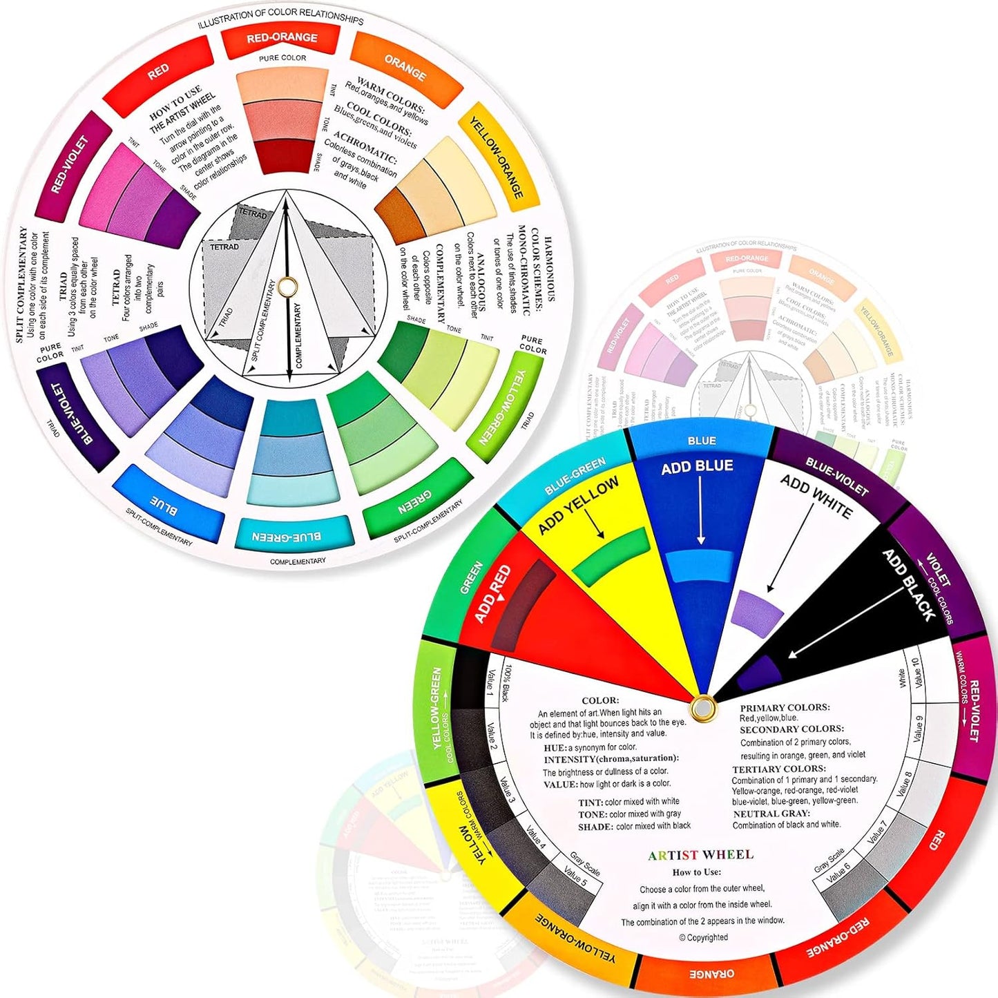 Outus 2 Pcs Color Wheel, Paint Mixing Learning Guide Art Teaching Tool Color Wheels for Makeup Blending Board Chart Mixed Guide Mix Colours(9.06 Inch/ 23 cm)
