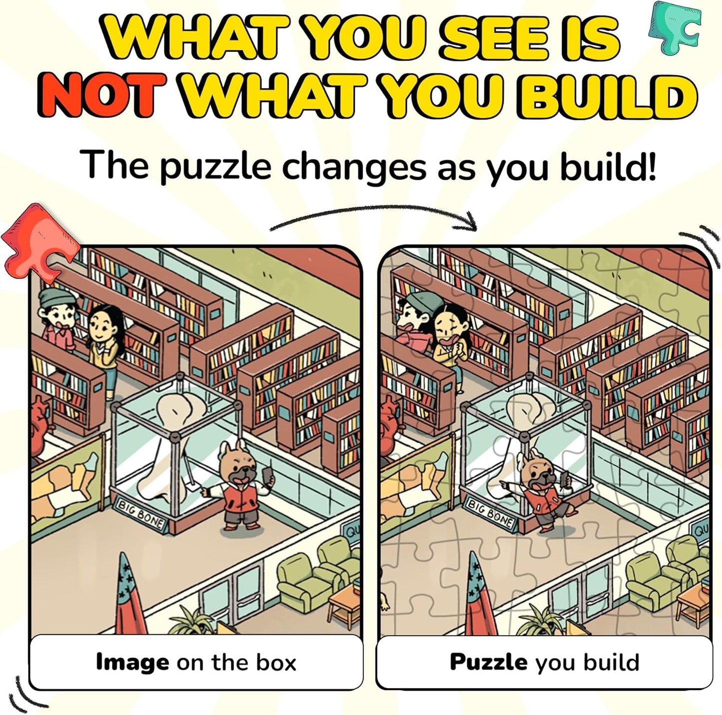 Odd Pieces Jigsaw Puzzles 1000 Pieces - Magic Mystery Story Secret Ending Puzzle - Perfect Game Night for Adults & Kids - Cat Dog Cartoon Theme (Snack Attack)