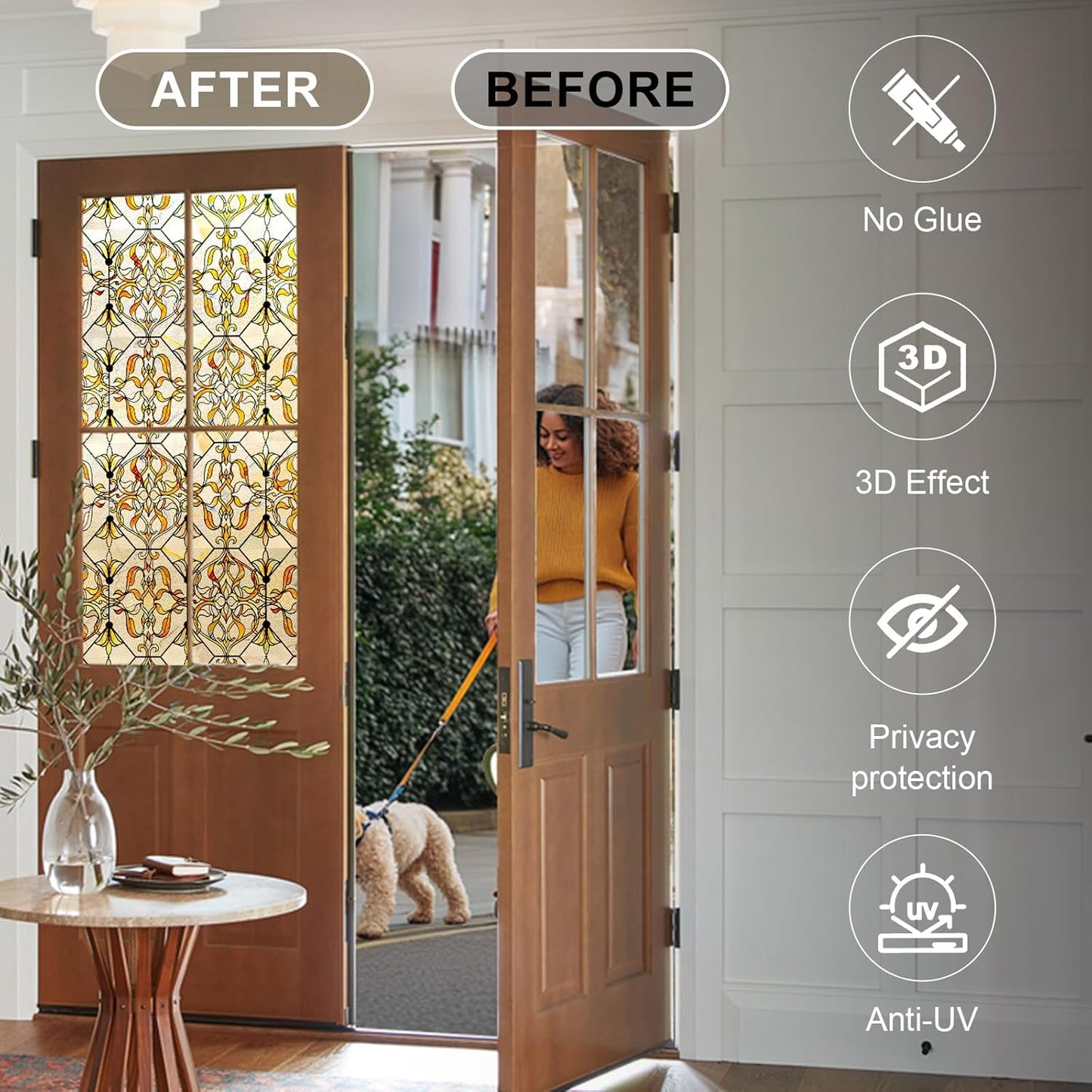 3D Stained Glass Window Privacy Film, Heat Control UV Blocking Static Cling Decorative Window Film for Bathroom,Front Door,Home Non Adhesive 23.6 x 35.4 inches Golden Filigree