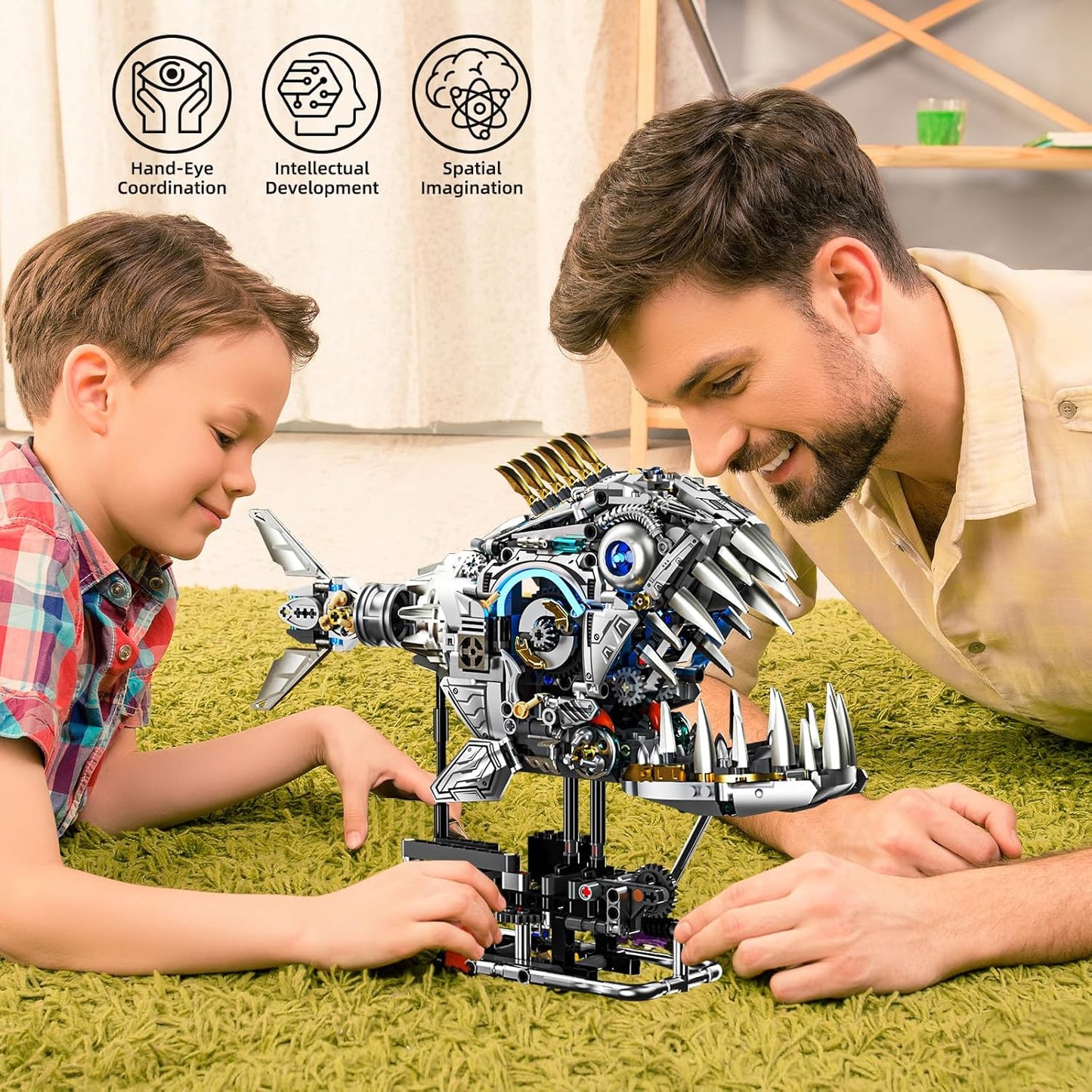 Mechanical Piranha Building Sets, Ocean Animal Collection Toy, Multi-Jointed Movement with Ice Blue Accents, Adults Home or Office Decor, STEM Building Gift for Teens Boys and Girls 12+（1085 PCS)