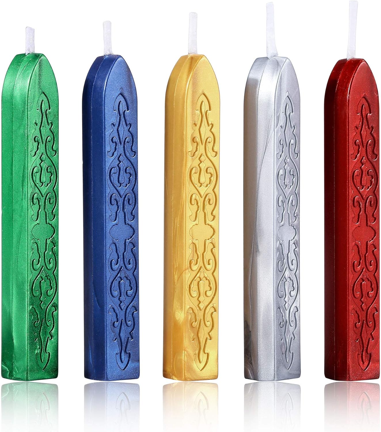 Yoption 5 Colors Sealing Wax Sticks, Vintage Totem Fire Manuscript Wax Seal Sticks with Wicks for Wax Seal Stamp (Gold+Silve+Red+Green+Blue)