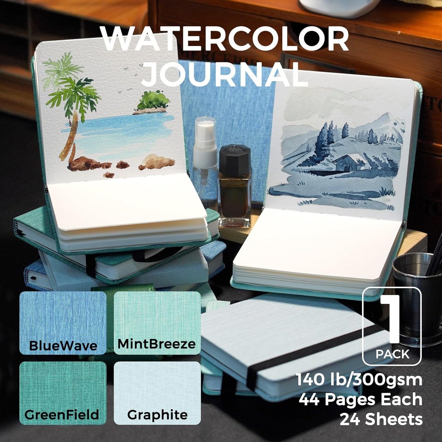 Funto Watercolor Journal, 4.7x4.7, 24 Sheets, 100% Cotton Hot Press, 300gsm/140lb, Inner Paper Pocket, Art Supplies for Mixed Media