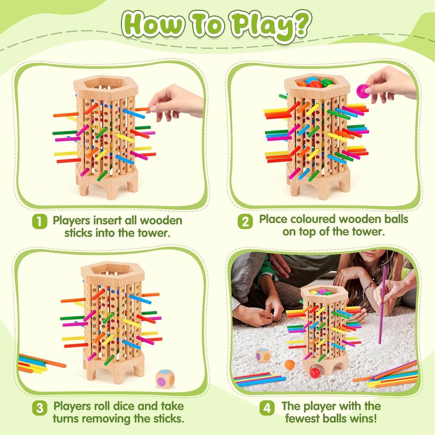 Montessori Game Wooden Board Game, 36 Colorful Wooden Sticks Dice Game, Math Educational Toy for 3 4 5 6 Year Olds, Fine Motor Skills Toy Classic Tower Game for Family Night Gift for Boys Girls