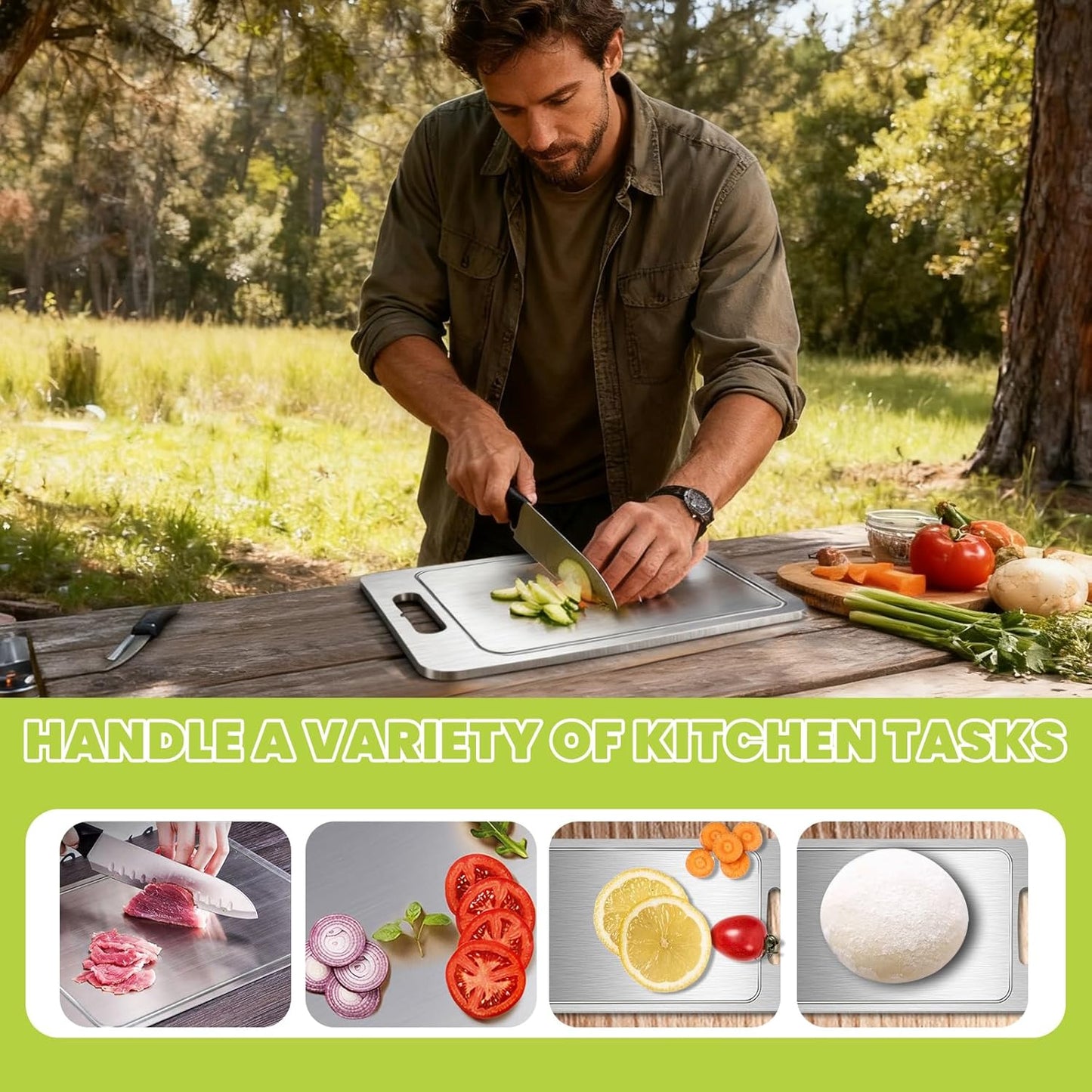 Titanium Cutting Board with Juice Groove-Pure Titanium Cutting Boards For Kitchen，Double-Sided Metal Chopping Board Titanware Cutting Mat for Cutting Meats, Fruits & Vegetables (15.4"L x 11"W)