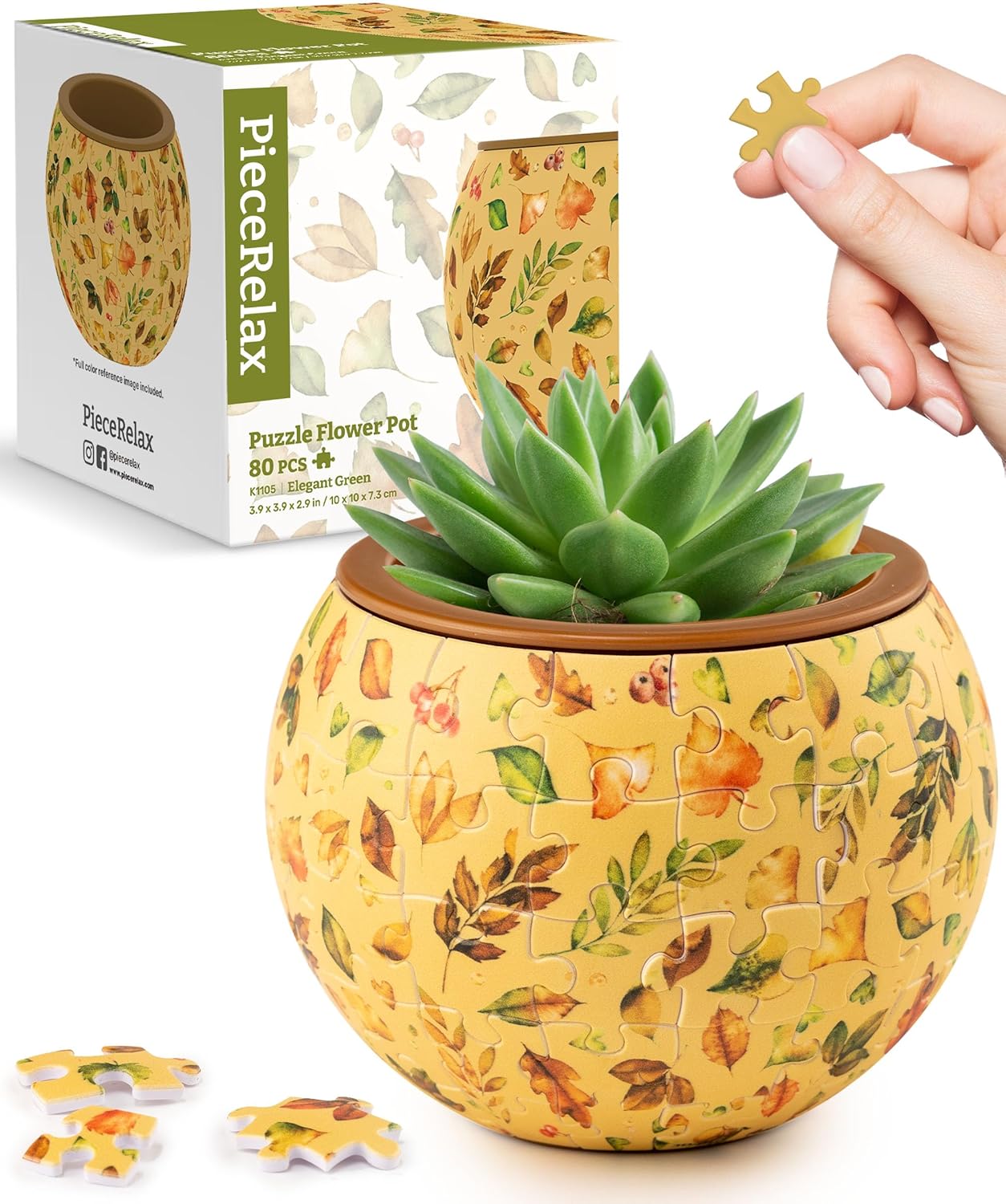 PieceRelax 3D Puzzle Planter 80 Pieces - Flower Pot - Elegant Green, Home Decor Flower Pots for Indoor Cactus, Succulents Pots [K1105]