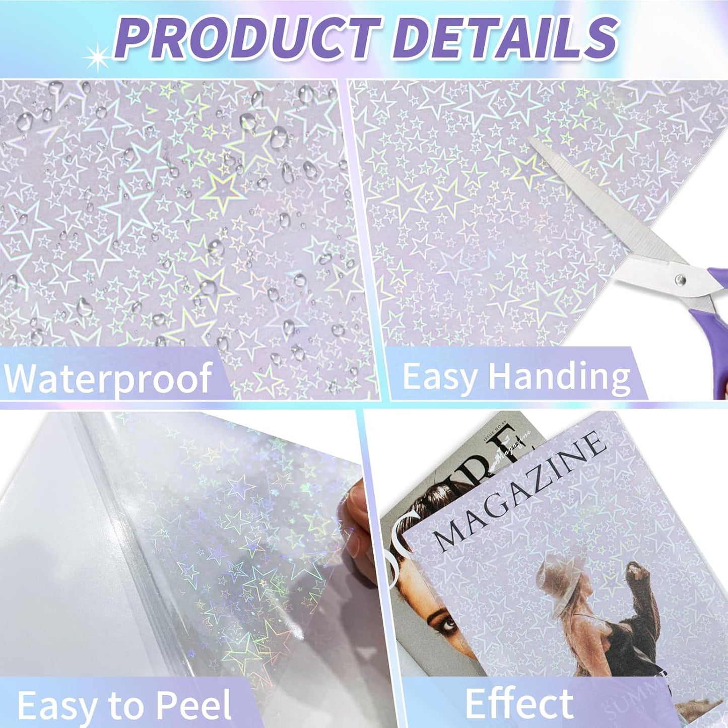 36 Sheets Holographic Sticker Paper,Holographic Laminate Sheets,A4 Size Clear Vinyl Sticker Sheets Self-Adhesive Rainbow Overlay Sheets,11.7 x 8.3 Inches（Five-Pointed Star）