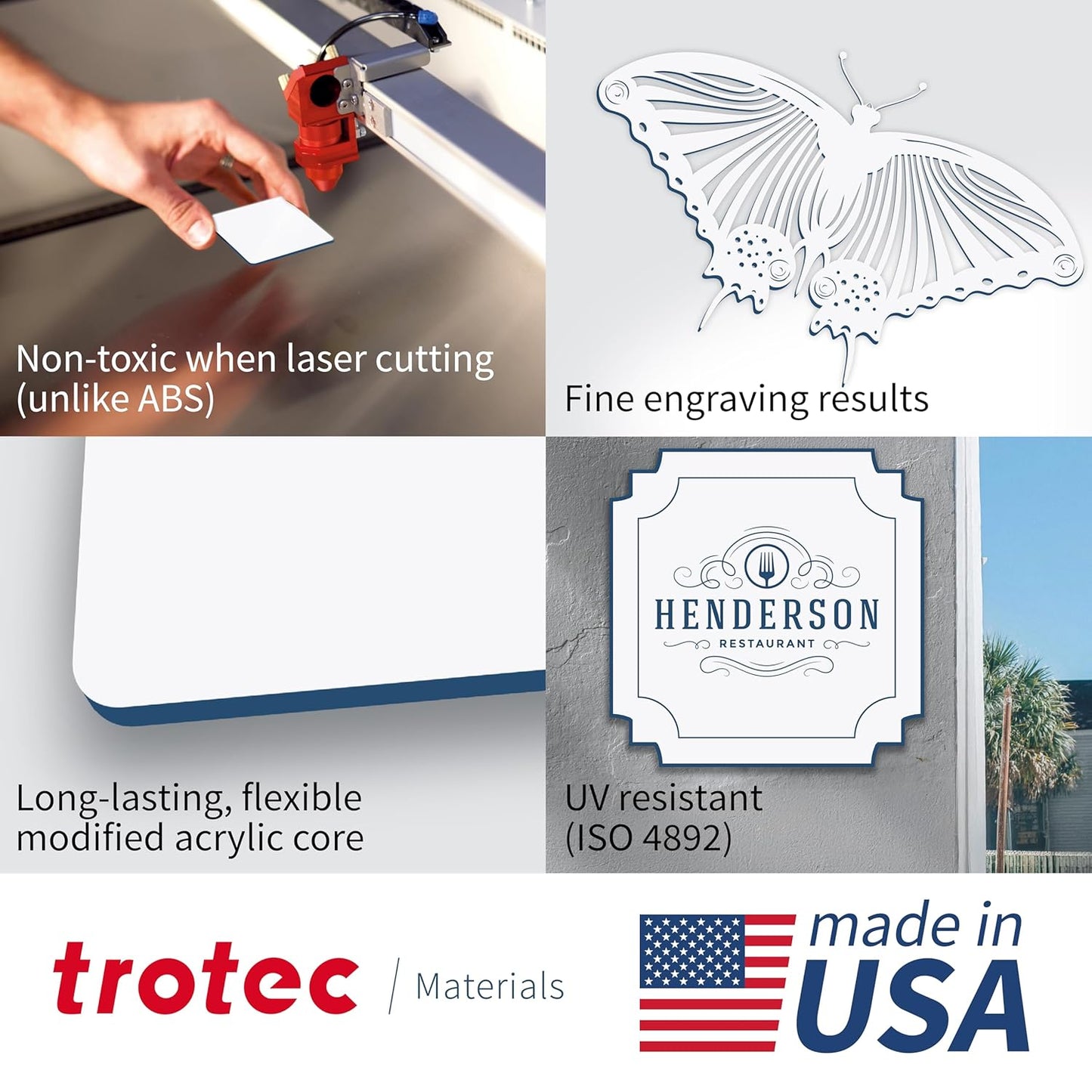 Trotec TroLase | 12"x24"x1/16", 4 Pcs | White/Blue | 2 Ply | Modified Acrylic | Laser Engraving Double Color Plastic Sheet | Engraving Blanks for Laser, Saw, Guillotine | Made in USA