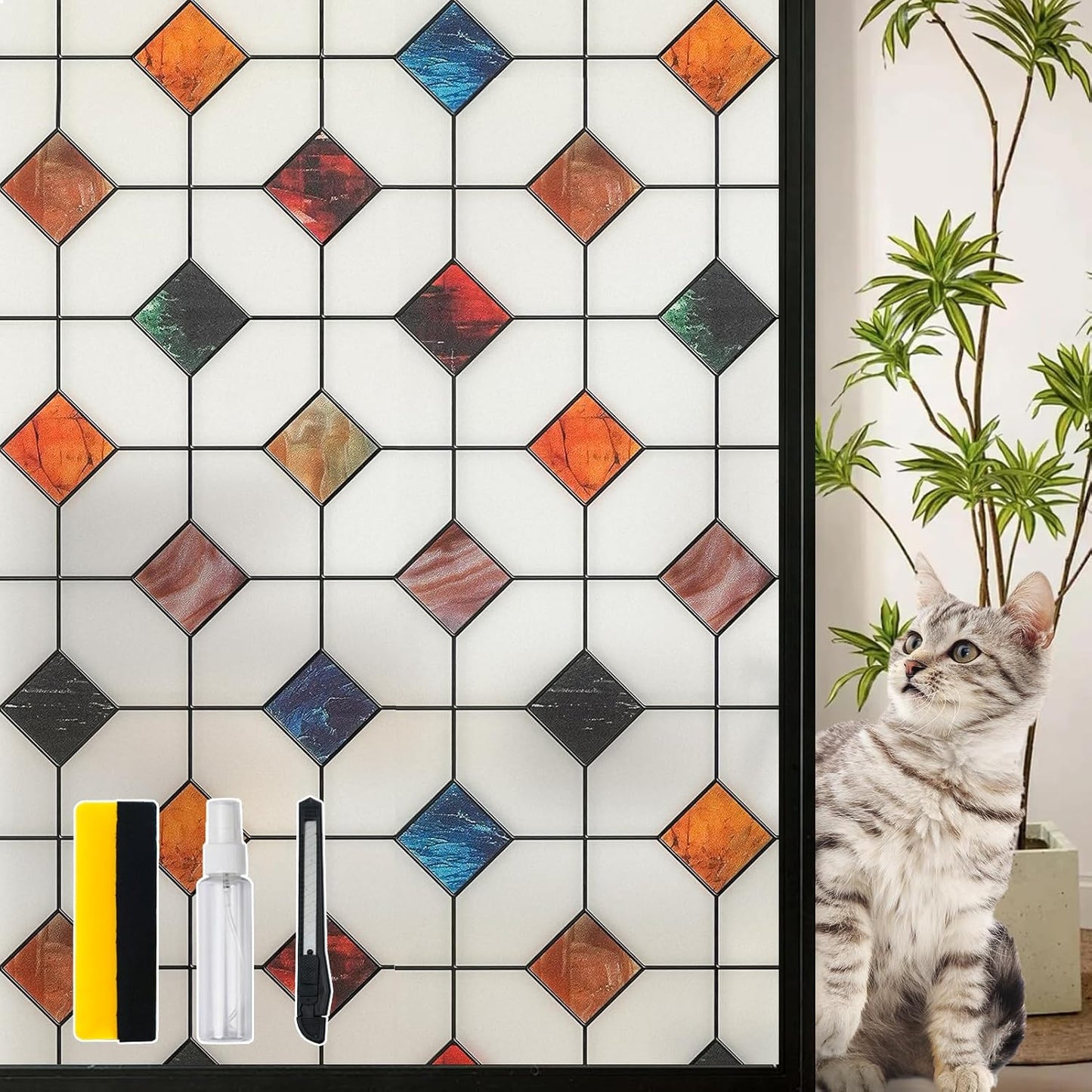 DKTIE Stained Glass Window Film Geometric Patterns, Fine Frosted Window Clings for Glass Windows, Waterproof for Bathroom Window Privacy Film Day and Night (S533, 35.4in X 118.1in)