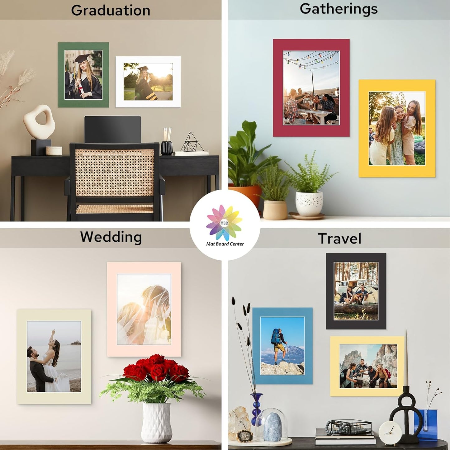Mat Board Center, 11X14 Mix Color Mats for 8.5X11 Pictures - Acid Free, 4-Ply Thickness, White Core, Bevel Cut - for Artworks, Photos, Framing - Pack of 12