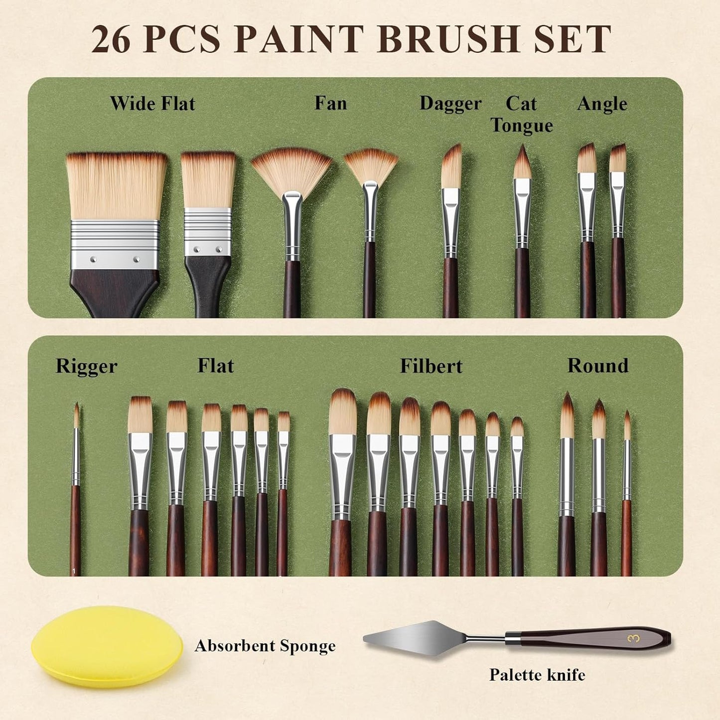 REDSHELL 26pcs Paint Brush Set, Travel Watercolor Acrylic Paint Brushes with Flat, Filbert, Fan, Dagger, Cat Tongue, Round, Palette Knife, Professional Paintbrush Kit for Artist, Oil, Face Painting