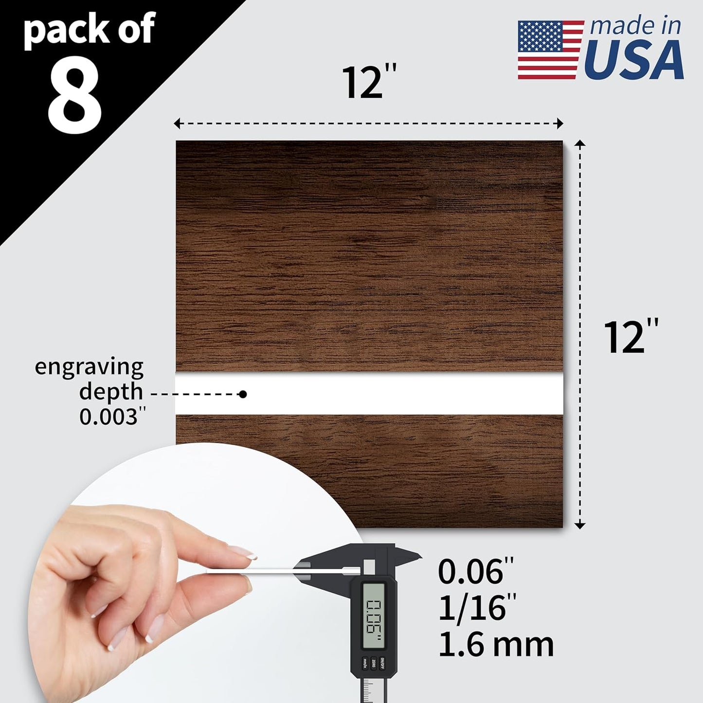 Trotec TroLase | 12"x12"x1/16", 8 Pcs | English Walnut/White | 2 Ply | Modified Acrylic | Laser Engraving Double Color Plastic Sheet | Engraving Blanks for Laser, Saw, Guillotine | Made in USA