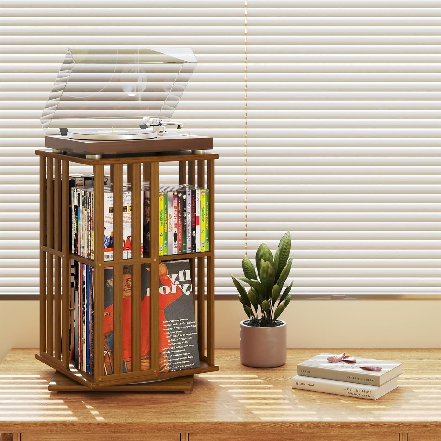 XIMN 360° Rotating Bamboo CD/DVD Shelf - 6-Tier Space-Saving Media Storage Cabinet for Movies, Organizer with Super Compact Design (Walnut, 2 Tier)