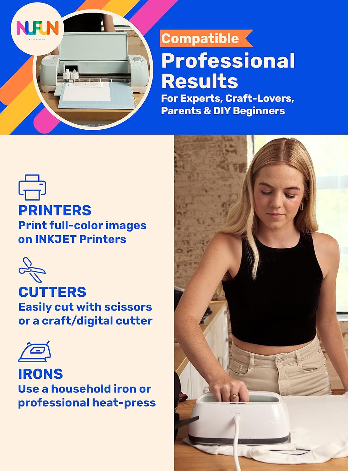 NuFun Activities Printable Iron-on Heat Transfer Paper for T Shirts, Light Fabrics, 500 Sheets 8.5 x 11 inch, Long Lasting, Durable, Professional Quality, Easy DIY, Non-Toxic, Made In the USA