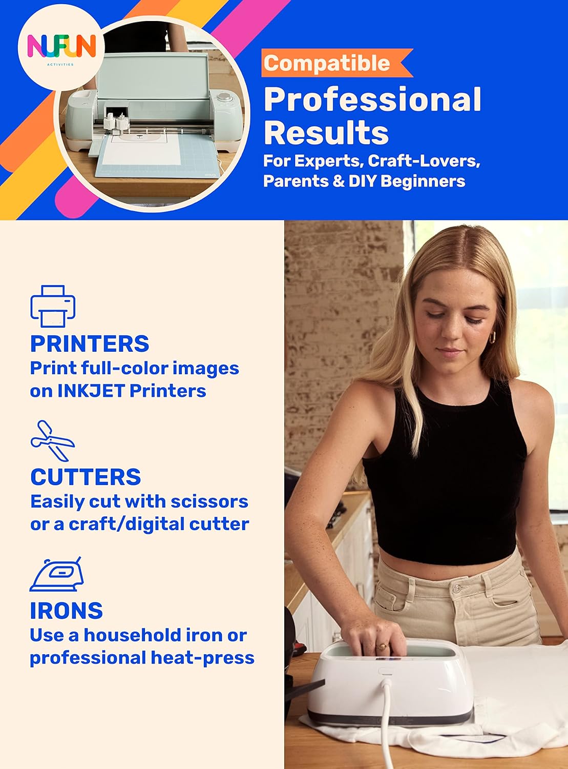 NuFun Activities Printable Iron-on Heat Transfer Paper for T Shirts, Light Fabrics, 100 Sheets 8.5 x 11 inch, Long Lasting, Durable, Professional Quality, Easy DIY, Non-Toxic, Made In the USA