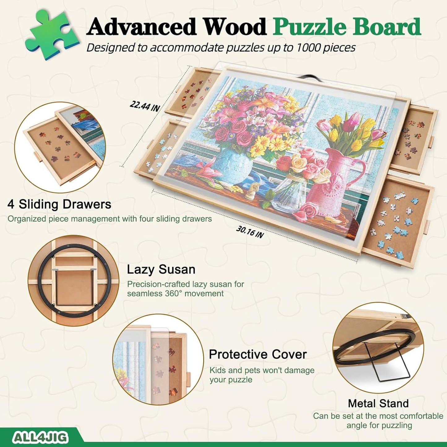 ALL4JIG 1000 Pieces 2-in-1 Tilting & Rotating Puzzle Board, 30.16" x 22.44"Adjustable Angle Puzzle Board with 4 Drawers & Clear Protective Cover, Birthday Gift for mom