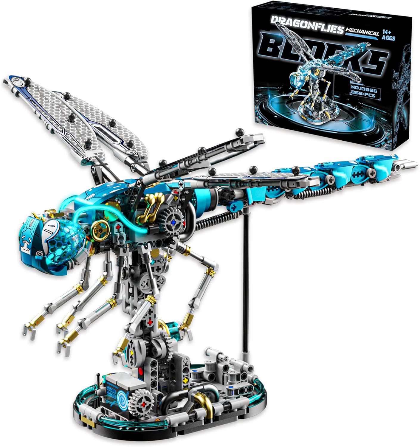 Mechanical Dragonfly Building Blocks for Adults, Insect Animal World Model with LED Light & Display Stand, Educational STEM Toys for Adult Home or Office Décor (866PCS)
