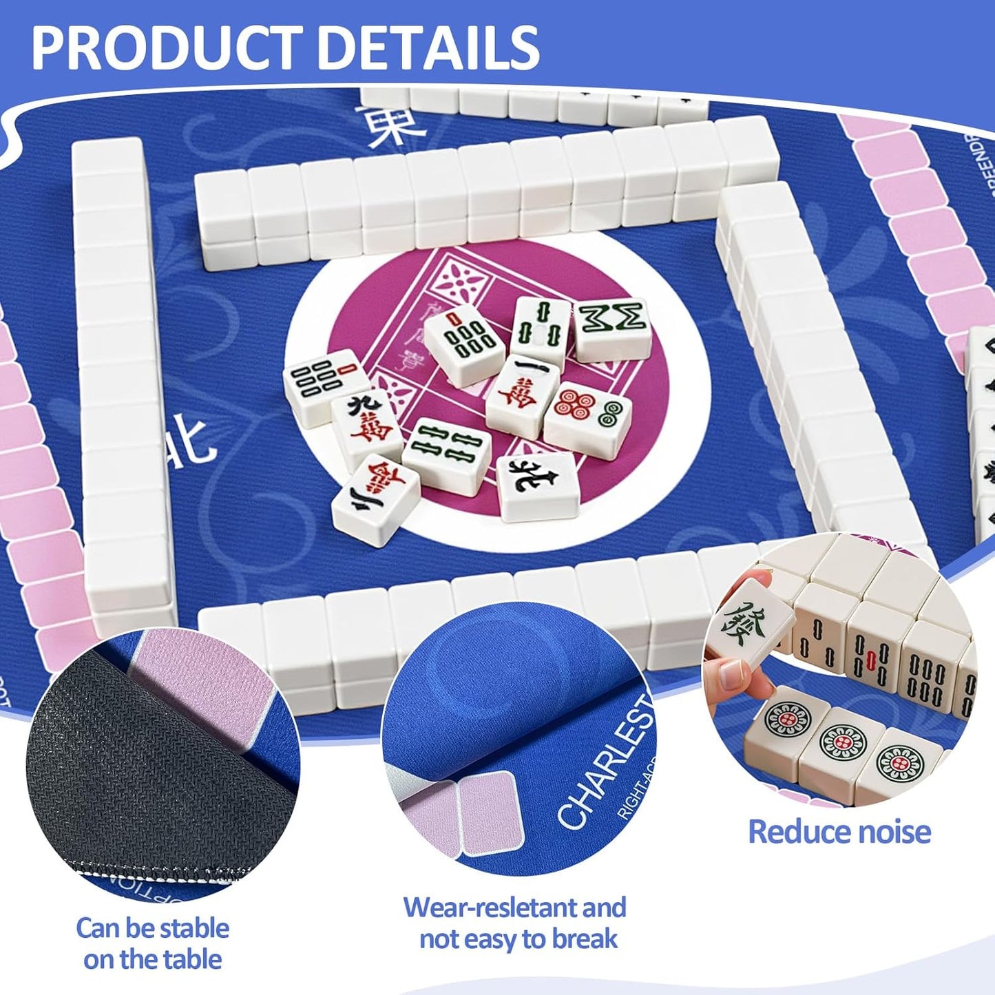 Mahjong Mat with Rules for Table with 6 Mahjong Playing Instructions,4 Mahjong Tile Mixer,4 Dice & Carrying Bag,Non-Slip and Silent Travel Mahjong Set for Mahjong/Poker/Board Games/Card Games/Dominoes