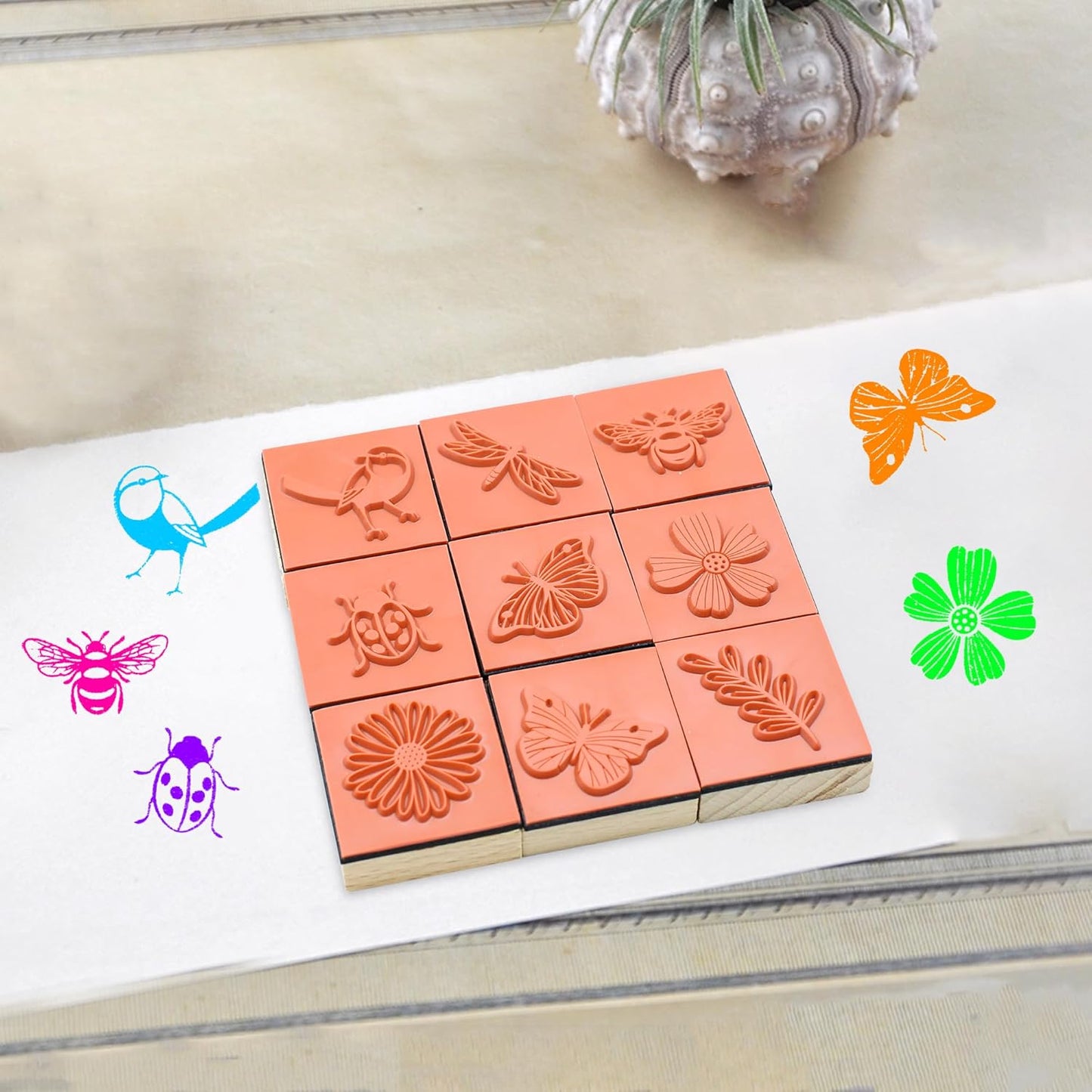 9 PCS Vintage Wooden Rubber Stamps, Wood Stamps for Crafting Pattern of Butterfly Bird Ladybird Flower Plant, Ink Rubber Stamp Set for Scrapbooking, DIY Art and Journals