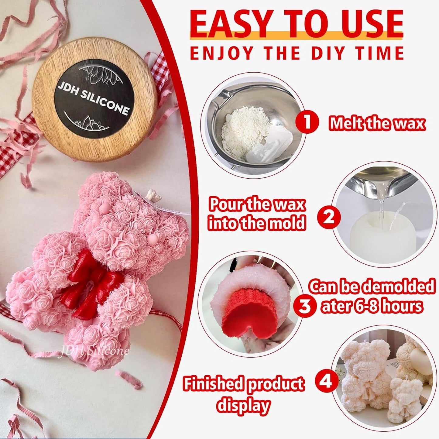 Bowtie Rose Bear Candle Mold 3D Teddy Bear Silicone Mold for DIY Handmade Soaps, Epoxy Resin Crafts, Father's Day Gifts, Birthday Gifts, Valentine's Day Gifts & Home Decorations Reusable Molds