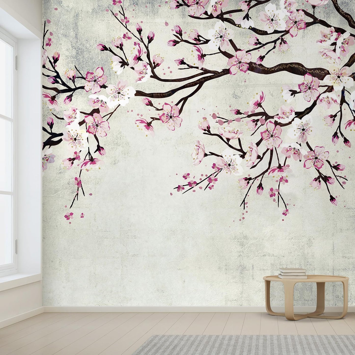 wall26 Large Wall Mural Watercolor Style Ink Painting Pink Cherry Blossom on Vintage Wall Background | Self-Adhesive Vinyl Wallpaper/Removable Modern Wall Decor - 108x168 inches
