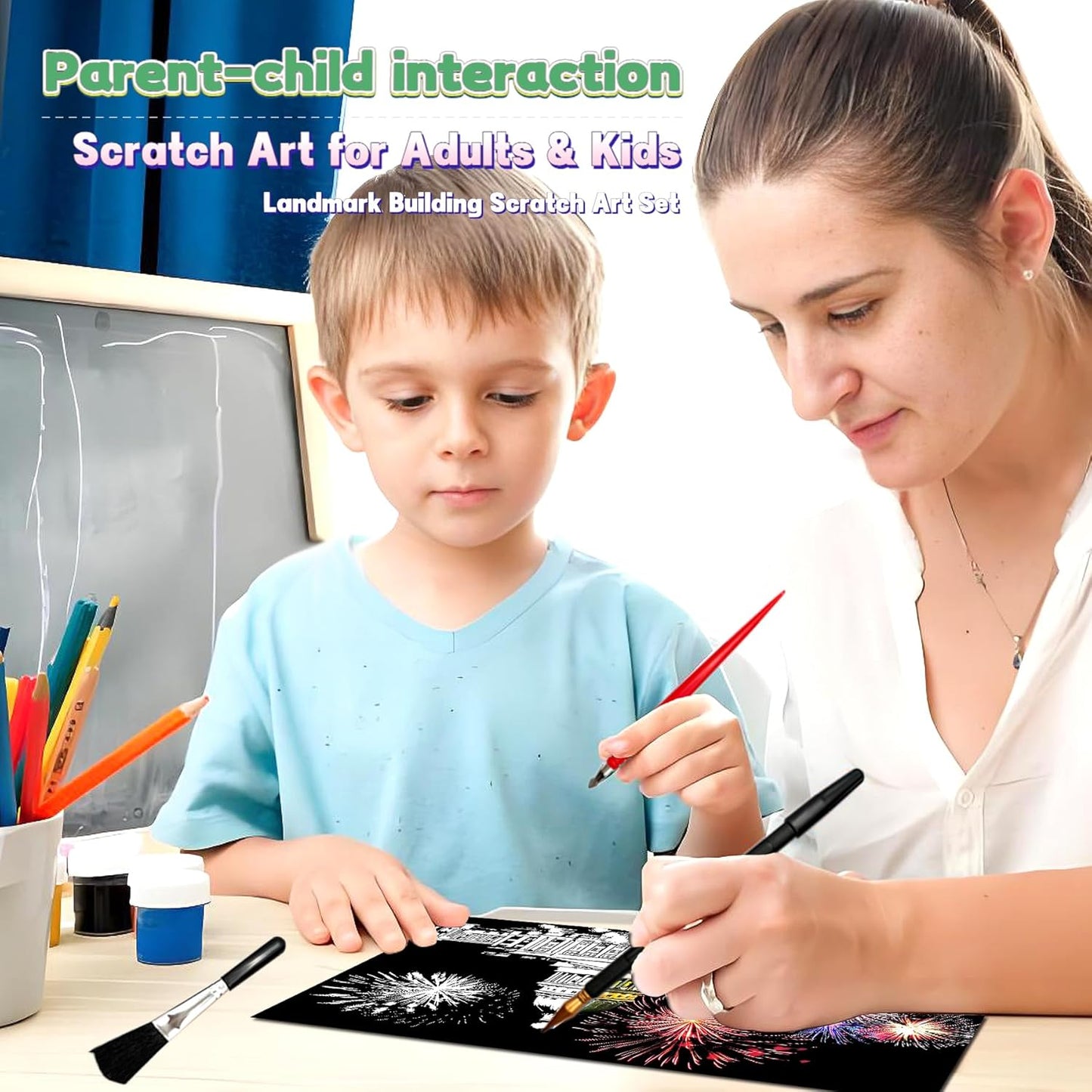 Scratch Art Painting Kit for Adults-8 Sheets A4 Rainbow Scratch Painting Paper Craft Set with City Landmarks|Stress Relief Gift for Travel&Craft Lovers|Scratch Art Home Decor(American Series)