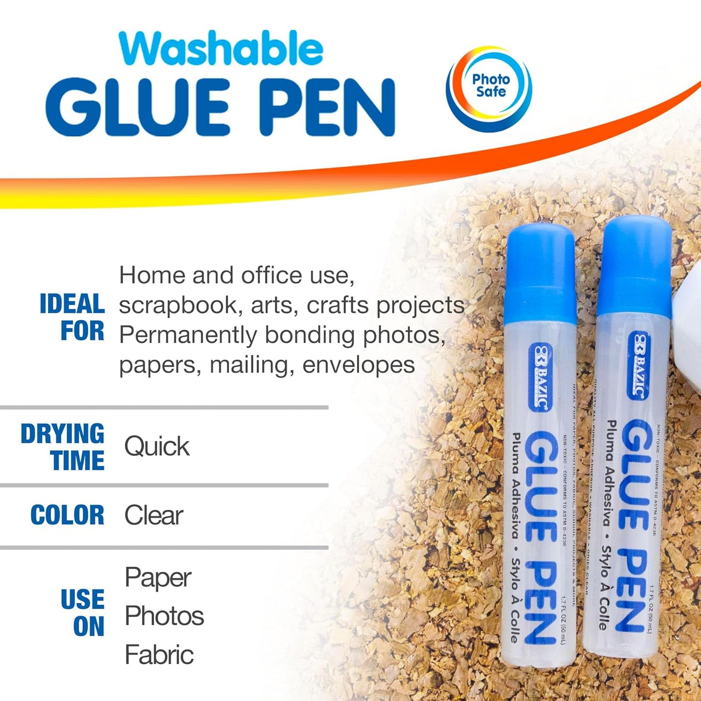 BAZIC Washable Glue Pen 1.7 Oz. (50 mL), Liquid Clear Glues Bond Adhesive for Art Crafts Project at School Home Office (2/Pack), 72-Packs