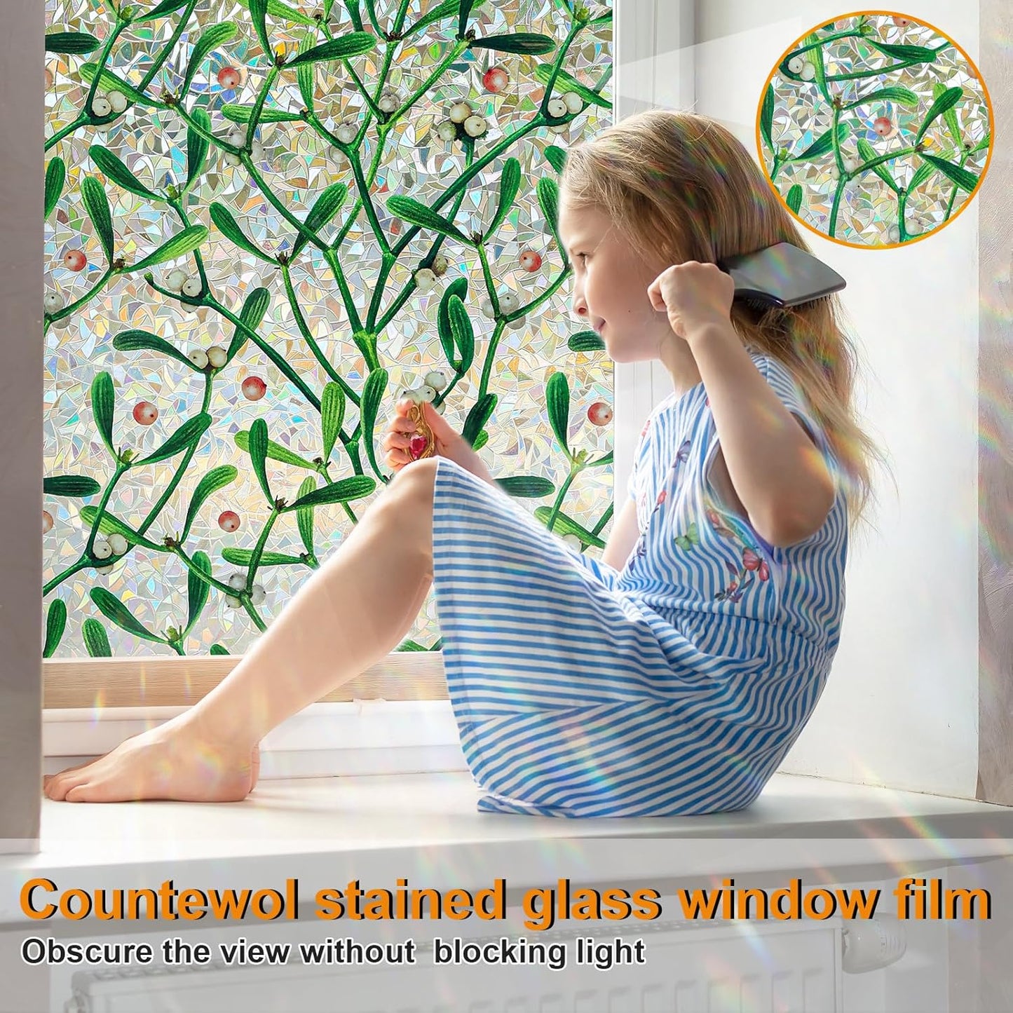 Window Privacy Film Stain Glass Window Film Rainbow Window Film Window clings Non-Adhesive Reusable Decorative for Room (Mistletoe Rainbow, 45.27 x 157.4 in)