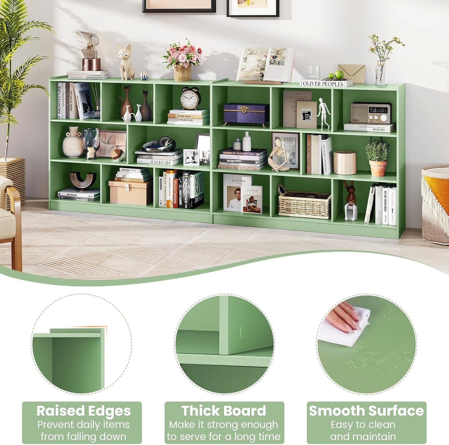 KOTEK Toy Storage Organizer, 5 Cubby Kids Bookshelf, Wooden 3-Tier Bookcase Storage Cabinet, Open Display Book Shelf for Daycare, Nursery, School Classroom, Living Room (Green, 8 Cubes)