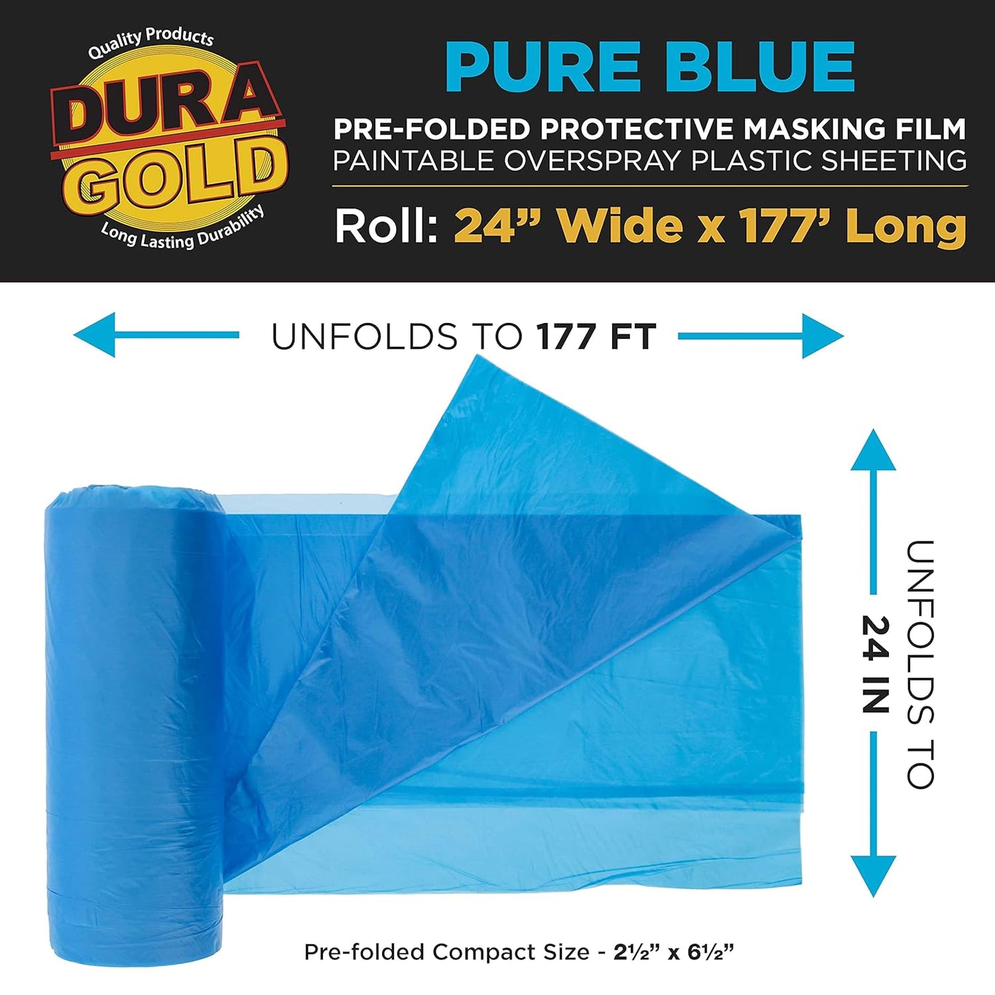 Dura-Gold 24" x 177' Pure Blue Pre-Folded Masking Film - Painters Plastic Roll (0.4 Mil) Pull Down Drop Sheet, Pre-Folded Plastic Sheeting for Painting Protection on Auto, Walls, Furniture