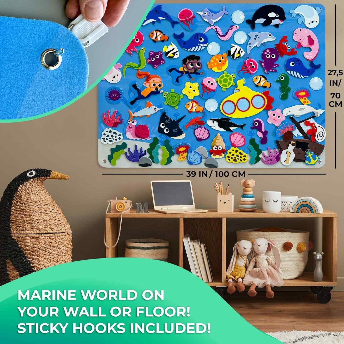 QUOKKA Ocean Felt Board for Toddlers - 70 PCS Double-Thick Felt Board Story Set with Large 41x30 Inch Durable Wall Activity Boards - Ideal for Storytelling Indoor Toddler Activities and Classroom