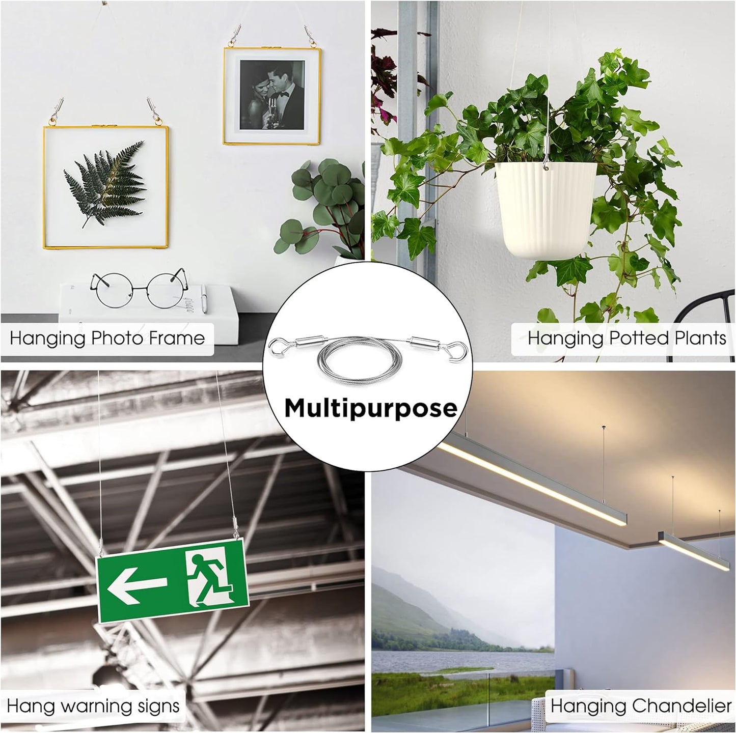 2PCS Adjustable Suspension Cable kit,Picture Hanging Wire Kit Supports 66lbs,2.5m x1.5mm Stainless Steel Wire Rope for Hanging Heavy Frame Picture Photo Mirror Artwork Pendant and exhibits