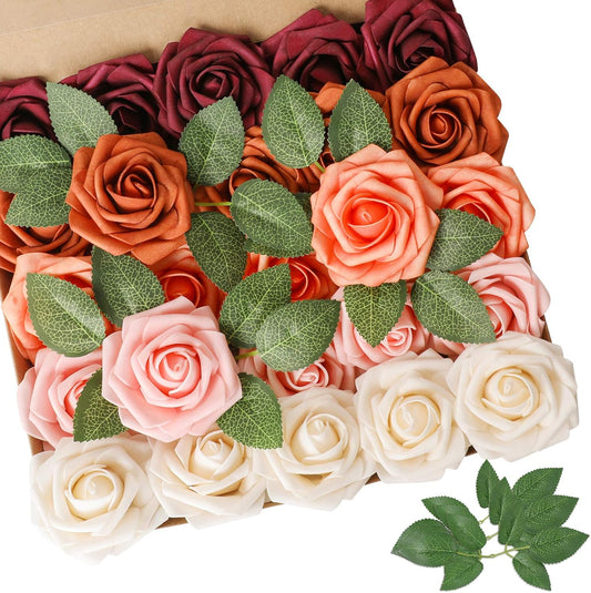 AmyHomie Artificial Flower Shades of Burgundy Rose 25pcs Real Looking Fake Roses w/Stem for DIY Wedding Bouquets Centerpieces Arrangements Party Baby Shower Home Decorations