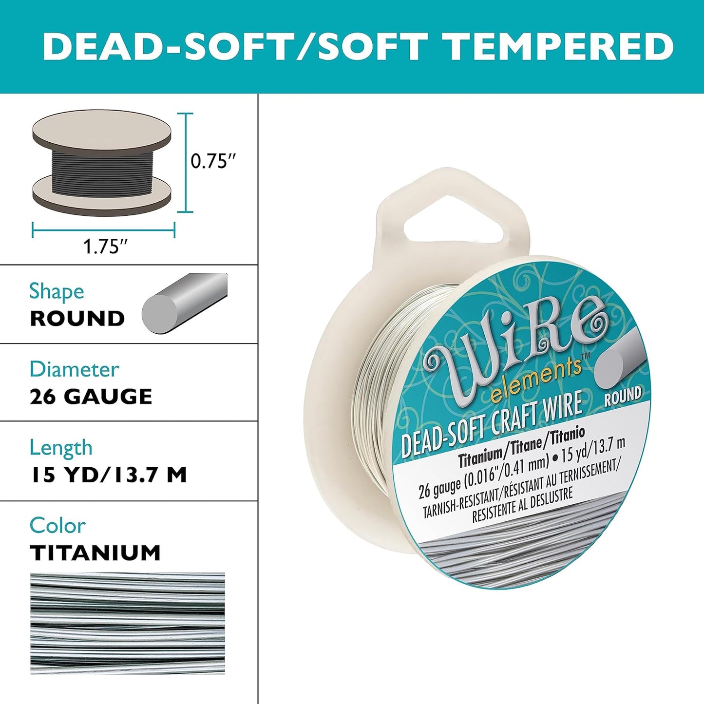 The Beadsmith Wire Elements Craft Wire – Tarnish Resistant, Soft Temper, Round, Titanium Color – 0.41mm, 26 Gauge, 15 Yard Spool – Jewelry Making, Wire Wrapping, Floral, & Other DIY Crafts