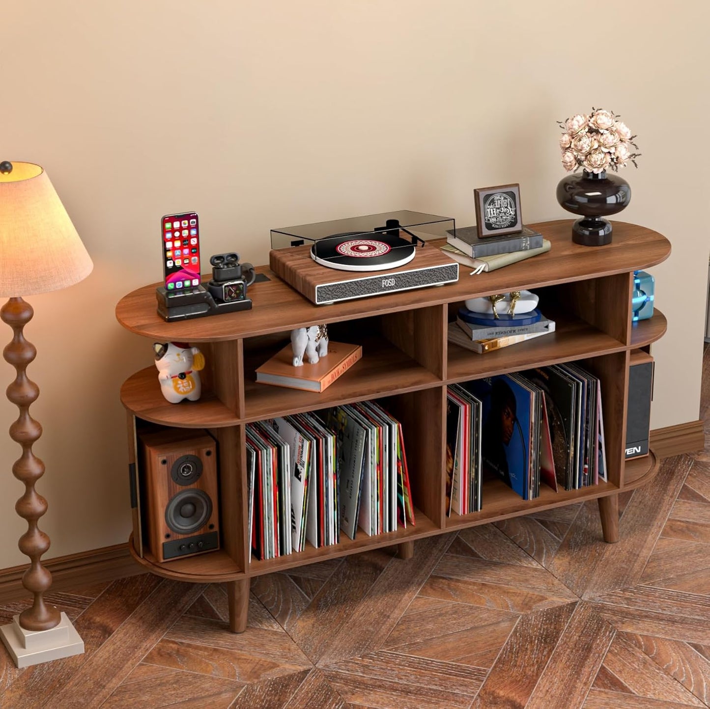 Large Round Record Player Stand with Charging Station & USB Ports，Record Storage Cabinet, Mid Century Modern Turntable Stand for Bedroom Living Room (Walnut)