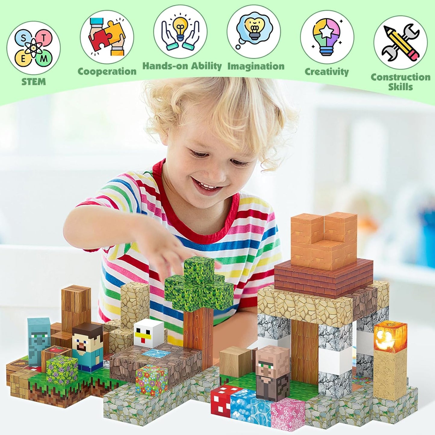 Magnetic Blocks Toy Building Set for Kids 3+, Light Up Magnetic Building Blocks, 3D Construction Build Toys STEM Sensory Magnet Cubes Christmas Birthday Present
