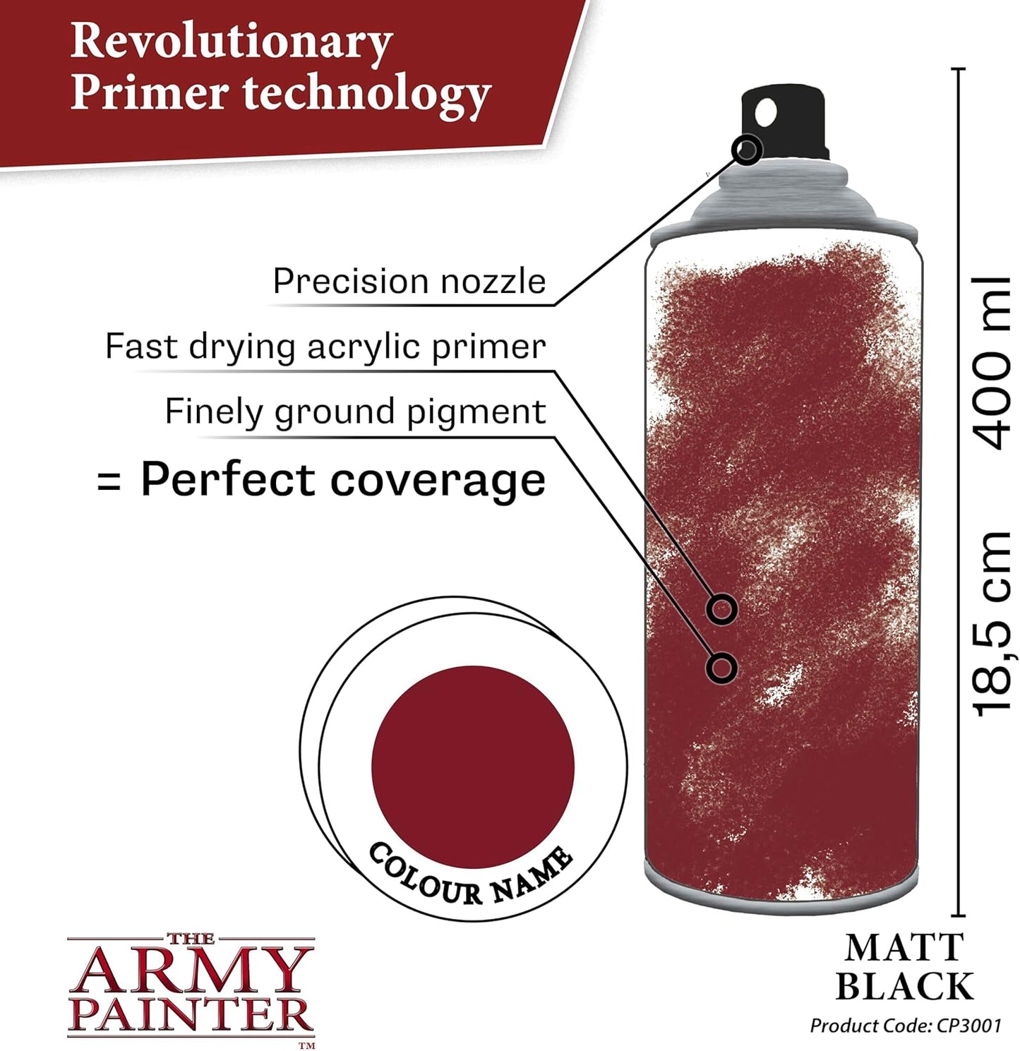 The Army Painter Base Primer Matt Black, 400 mL Acrylic Spray Primer, Spray Paint Basecoat for Miniature Priming, Tabletop Roleplaying, Boardgames, and Wargames Miniature Modelling