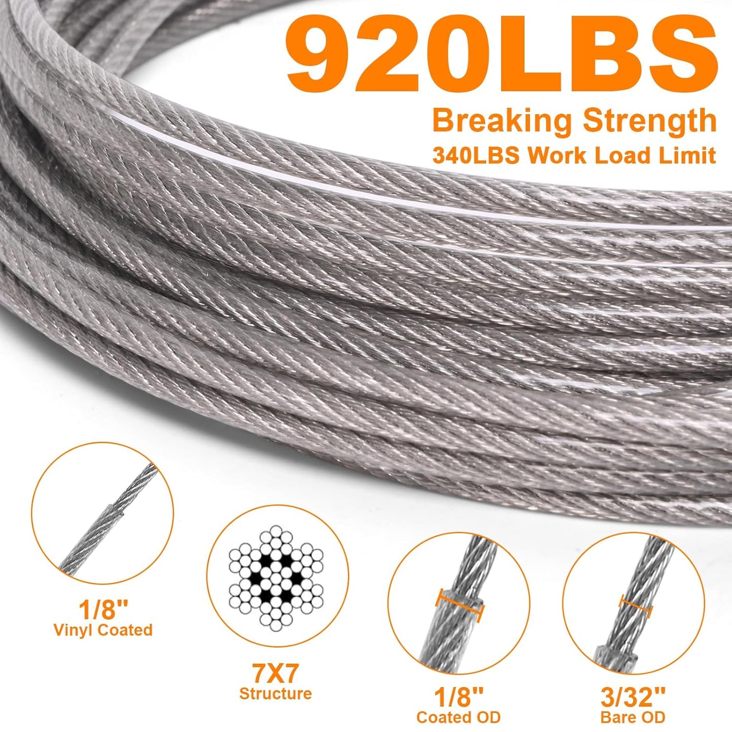 300FT 1/8" Wire Rope Kit, Vinyl Coated 304 Stainless Steel Wire Cable, 7x7 Strands 920LBS Breaking Strength, M5 Turnbuckle, String Light Hanging Kit for Outdoor, Garden, Clothesline
