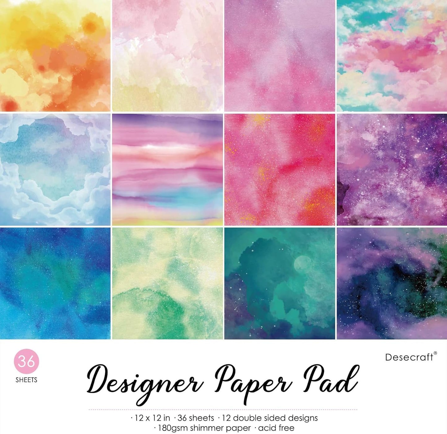 36 sheets 12x12 Paper Pad Pack Scrapbook Cardstock Decorative Paper - Shimmer Watercolor- for Card Making Journaling Planner Origami Scrapbook Paper Scrapbooking Supplies