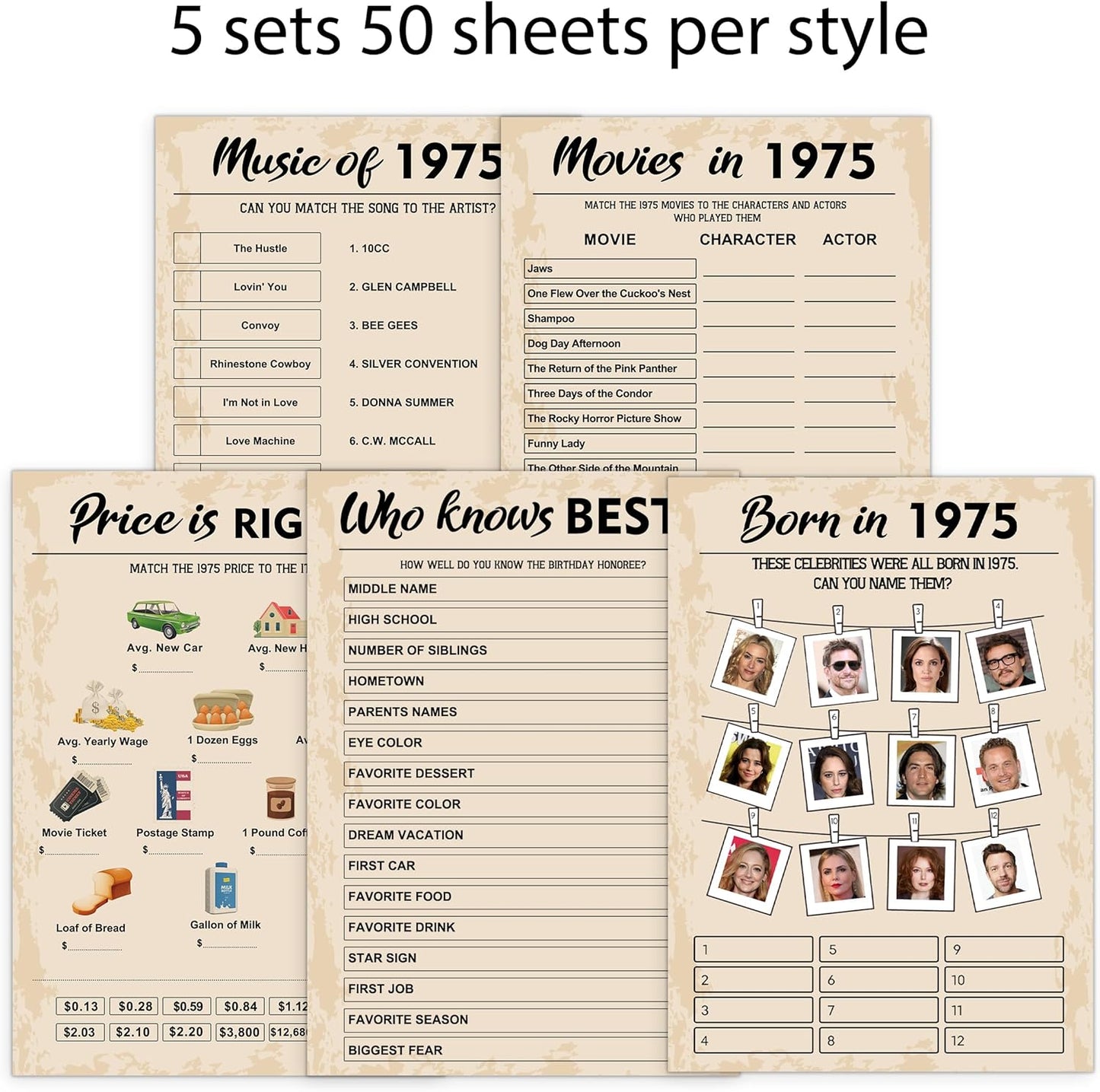 50th Birthday Party Games, Born in 1975 Games Bundle, Set of 5 Activities for 10 Guests, Birthday Party Supplies for Adults, Pack of 50 Cards