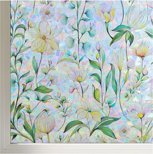 FINNEZ Window Privacy Film Stain Glass Film Flowers Rainbow Window Film Window Clings Non-Adhesive Reusable Decorative for Home（Forest Rainbow，45.2 Inch x 13.1 Feet）