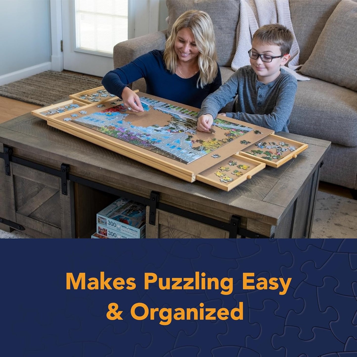 Bits and Pieces Rotating Puzzle Board with Drawers, Jigsaw Puzzle Board 1000 Pieces, 22 Inch x 30 Inch Spinning Wooden Tray Table with 4 Organizing Piece Sorting Trays, Portable, Easy Storage